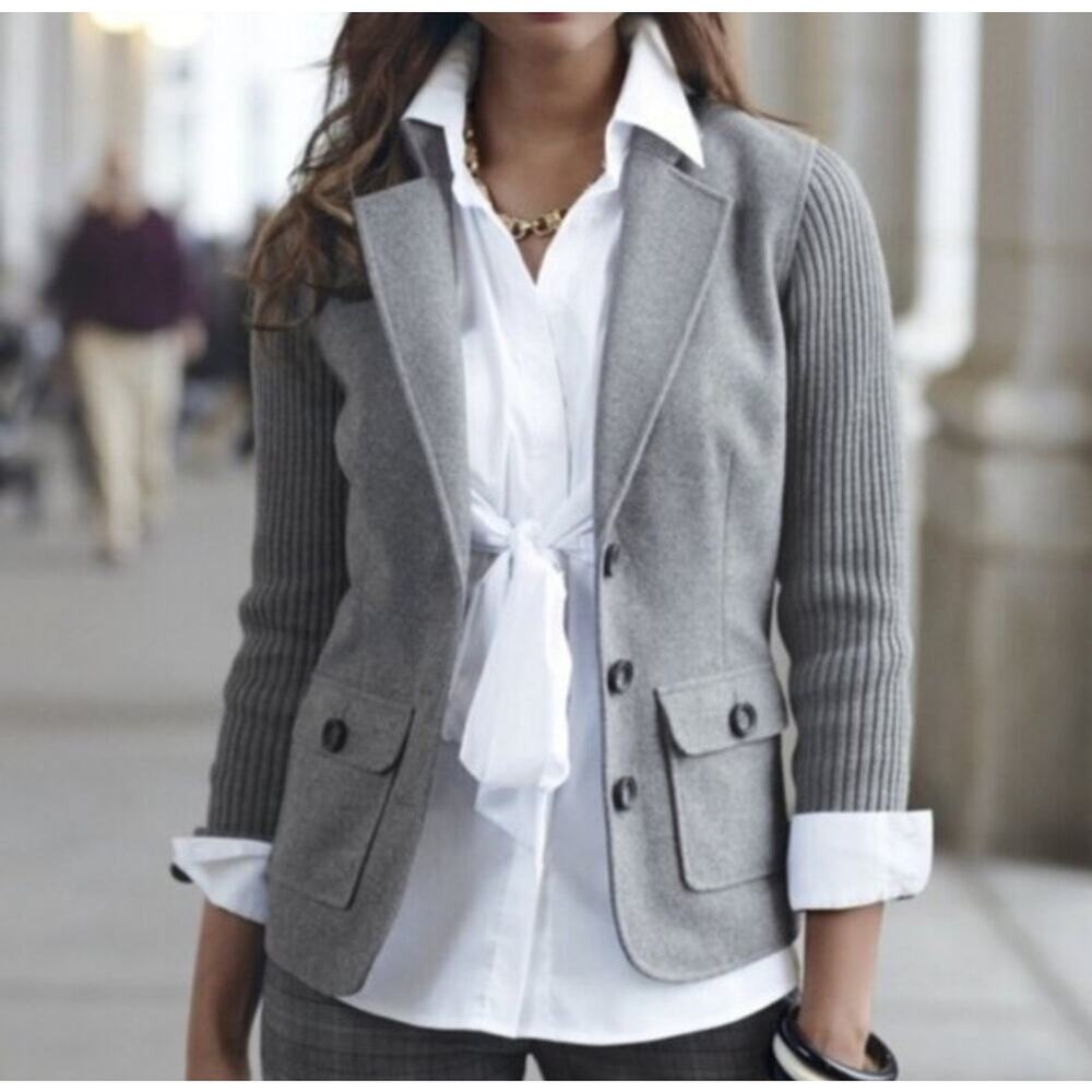 Cabi Half & Half Knit Blazer Charcoal Fleck Gray Cotton Wool Blend Women's M